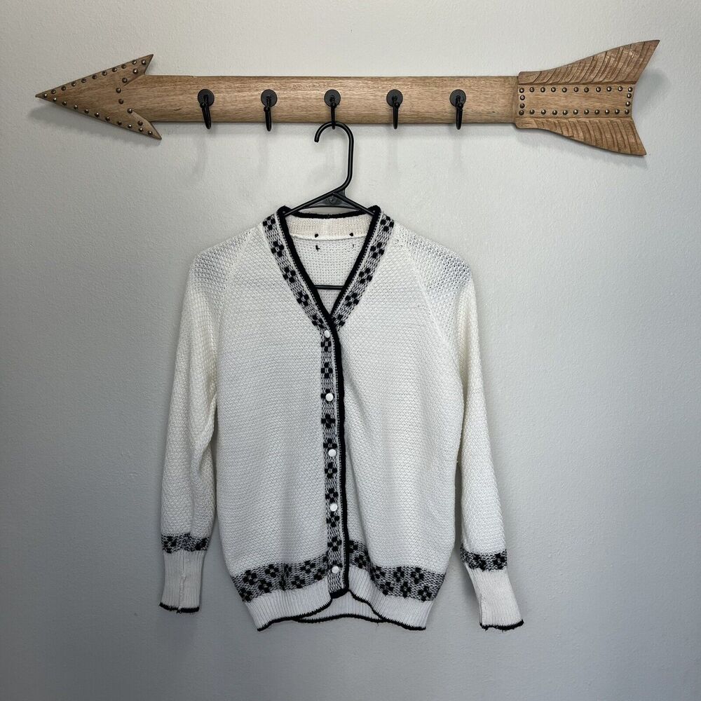Women’s White Knit Cardigan with Black Floral Trim